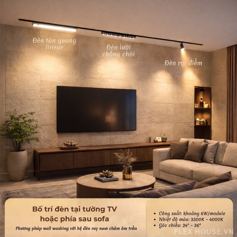 Bố trí đèn phòng khách: Nguyên tắc thiết kế chiếu sáng khoa học cho không gian sống hiện đại 3 Nguyên tắc bố trí đèn phòng khách ở vị trí tường TV hoặc phía sau sofa