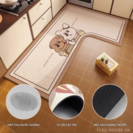 Thảm bếp chữ L chống trượt hình đôi gấu QZ2156.L