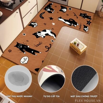 Thảm bếp đế cao su chống trượt họa tiết mèo QZ2157.L