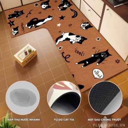 Thảm bếp đế cao su chống trượt họa tiết mèo QZ2157.R