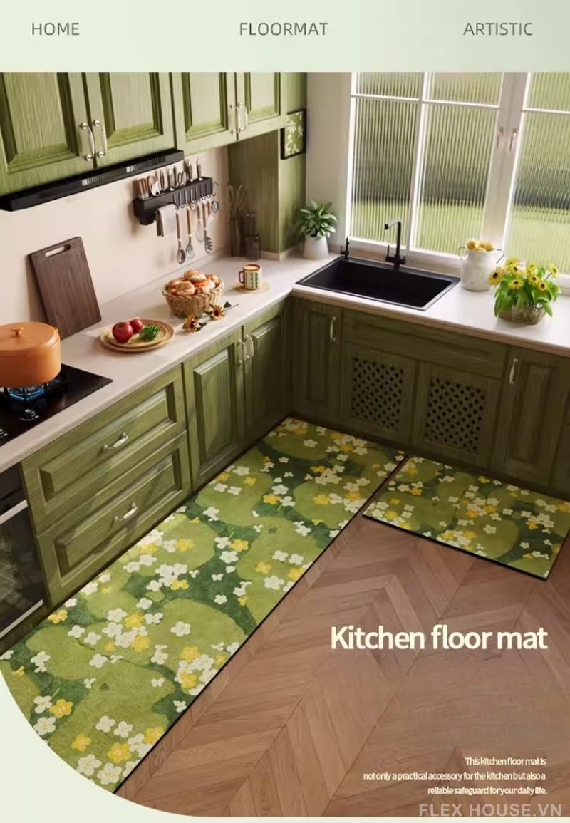 Thảm nhà bếp bằng đất tảo cát họa tiết hoa lá HY8140 1 Thảm nhà bếp bằng đất tảo cát họa tiết hoa lá HY8140