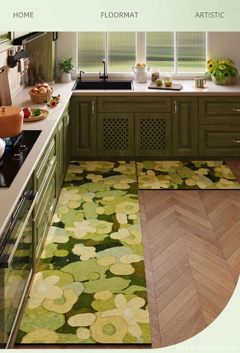 Thảm nhà bếp chống trượt hình hoa xanh hiện đại HY8142 1 Thảm nhà bếp chống trượt hình hoa xanh hiện đại HY8142