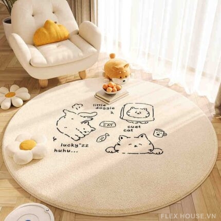 Thảm tròn hình mèo doodle phong cách Hàn JX5078.01