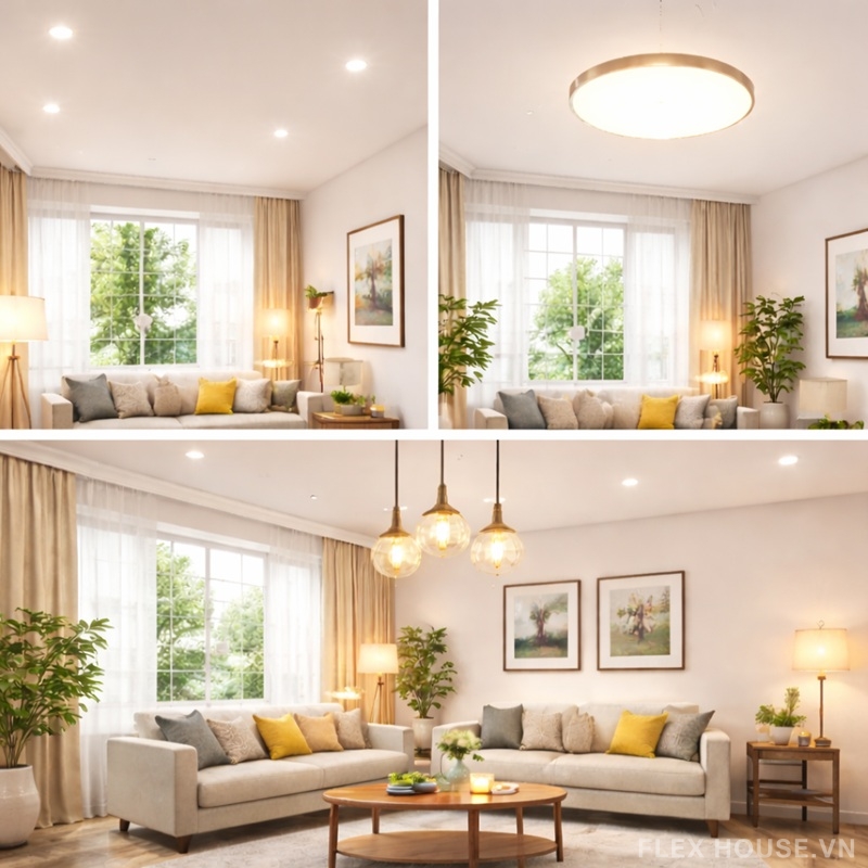 Thiết kế ánh sáng phòng khách: Những điều nên và không nên làm 2 Phòng khách hiện đại sử dụng ba kiểu đèn trần khác nhau gồm đèn âm trần, đèn ốp trần và đèn thả trần trang trí để cung cấp ánh sáng nền và tăng tính thẩm mỹ cho không gian.