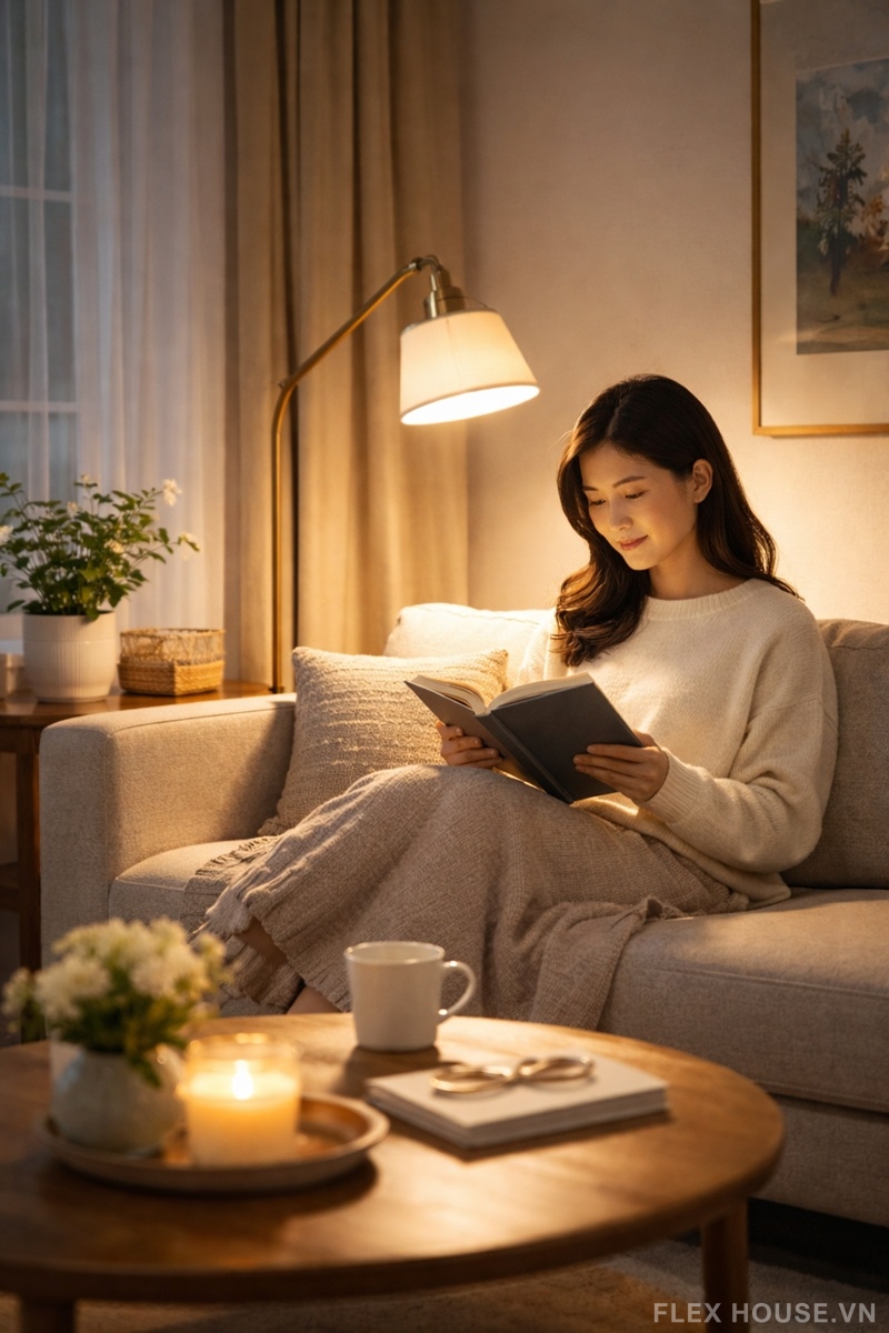 Thiết kế ánh sáng phòng khách: Những điều nên và không nên làm 3 Người phụ nữ ngồi đọc sách trên sofa trong phòng khách, được chiếu sáng bởi đèn cây đặt cạnh ghế tạo ánh sáng tập trung và không gian thư giãn ấm áp.