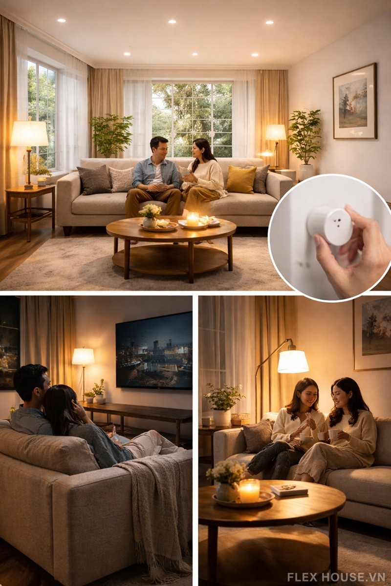 Thiết kế ánh sáng phòng khách: Những điều nên và không nên làm 16 Phòng khách hiện đại với hệ thống đèn có dimmer cho phép điều chỉnh độ sáng, tạo các bầu không khí ánh sáng khác nhau cho tiếp khách, xem phim và thư giãn buổi tối.