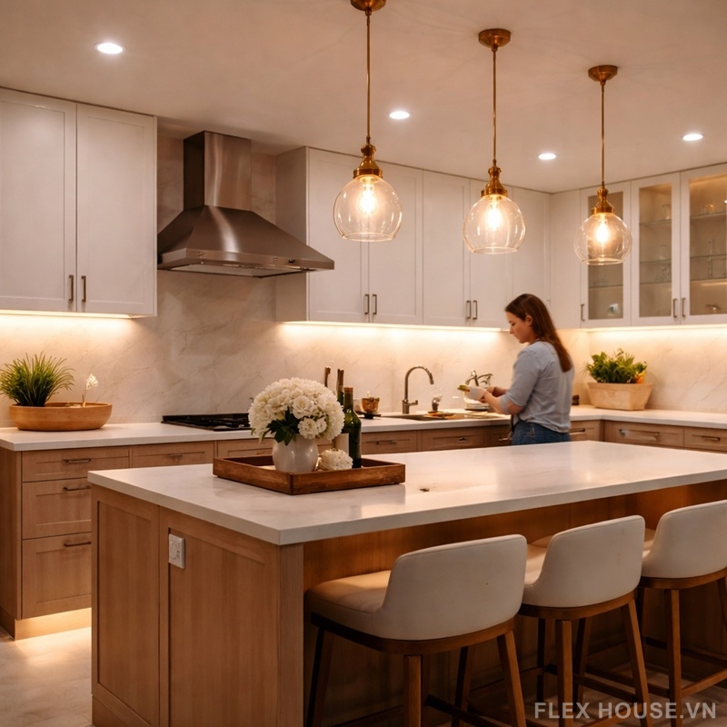Cẩm nang bố trí đèn phòng bếp đúng cách: tiết kiệm điện mà vẫn sang 2 Bố trí đèn phòng bếp với nhiều lớp ánh sáng gồm đèn âm trần, đèn thả và đèn LED dưới tủ giúp chiếu sáng đều, giảm bóng đổ khi nấu ăn trong không gian bếp hiện đại