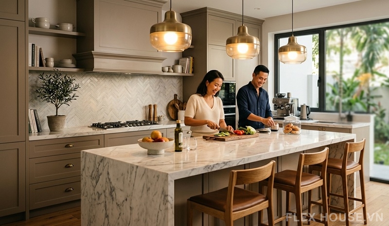 Cẩm nang bố trí đèn phòng bếp đúng cách: tiết kiệm điện mà vẫn sang 10 Bố trí đèn thả phía trên đảo bếp với ánh sáng tập trung giúp khu vực này sáng hơn xung quanh, hỗ trợ nấu ăn hiệu quả và có thể điều chỉnh độ sáng để tránh chói trong không gian bếp hiện đại