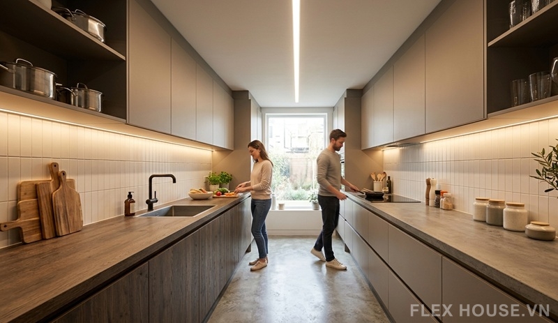 Cẩm nang bố trí đèn phòng bếp đúng cách: tiết kiệm điện mà vẫn sang 11 Bố trí đèn phòng bếp kiểu Galley với đèn linear trên trần kết hợp LED dưới tủ hai bên giúp chiếu sáng đồng đều, giảm bóng đổ và tạo cảm giác không gian rộng rãi hơn