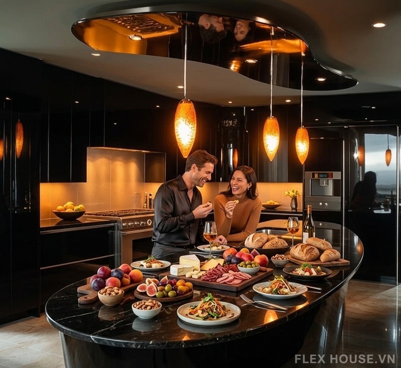 Cẩm nang bố trí đèn phòng bếp đúng cách: tiết kiệm điện mà vẫn sang 12 Bếp hiện đại với đảo bếp đá tối màu và đèn thả ánh sáng ấm phía trên, tạo không gian ấm cúng, nổi bật thực phẩm và mang lại trải nghiệm sinh hoạt gần gũi, thư giãn