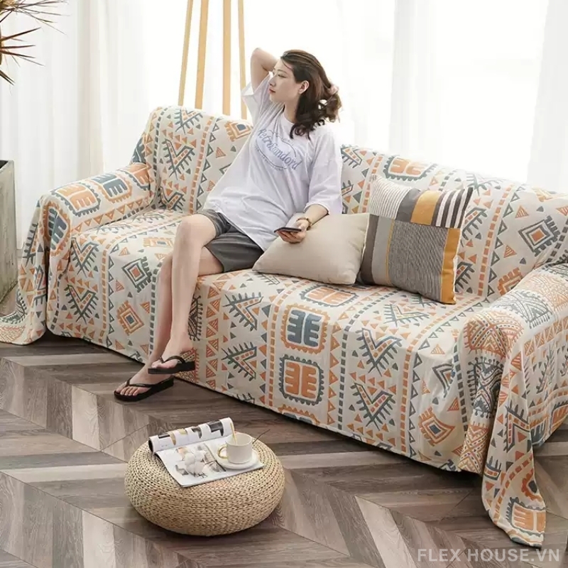 Tấm phủ sofa cotton họa tiết thổ cẩm PM2009 1 Tấm phủ sofa cotton họa tiết thổ cẩm PM2009