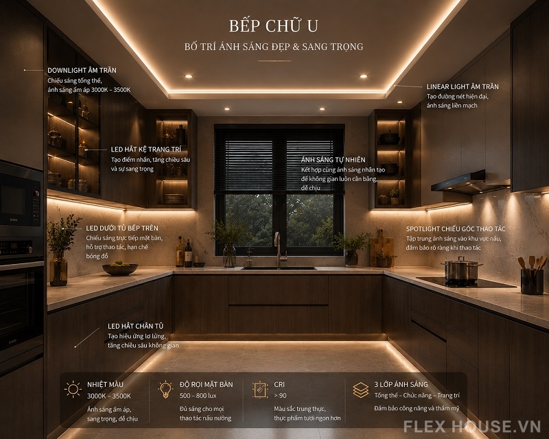 Bố Trí Đèn Bếp Theo Mặt Bằng Chữ I, L, U Và Bếp Có Đảo 4 Hướng dẫn bố trí đèn bếp chữ U