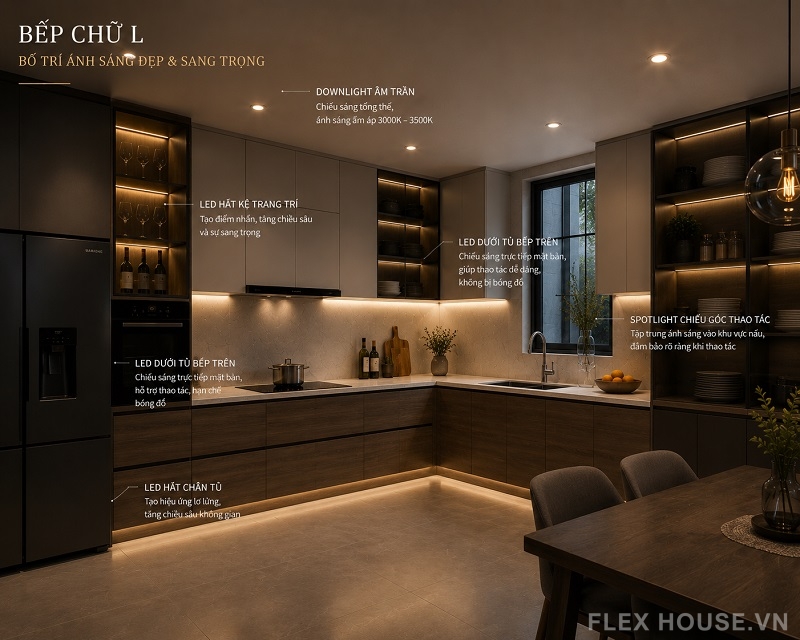 Bố Trí Đèn Bếp Theo Mặt Bằng Chữ I, L, U Và Bếp Có Đảo 3 Bố trí đèn bếp chữ L