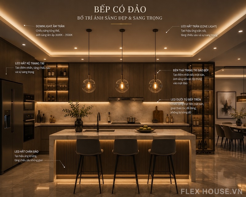 Bố Trí Đèn Bếp Theo Mặt Bằng Chữ I, L, U Và Bếp Có Đảo 5 Bố trí đèn bếp có đảo