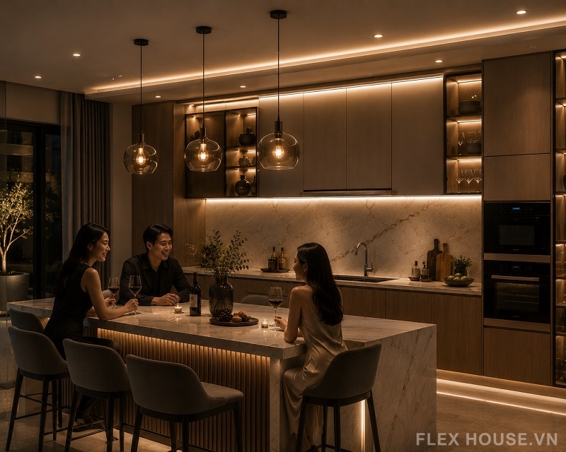 Bố Trí Đèn Bếp Theo Mặt Bằng Chữ I, L, U Và Bếp Có Đảo 13 Không gian bếp có đảo cao cấp, sang trọng