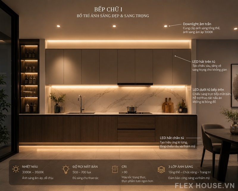 Bố Trí Đèn Bếp Theo Mặt Bằng Chữ I, L, U Và Bếp Có Đảo 2 Hướng dẫn bố trí đèn bếp chữ I