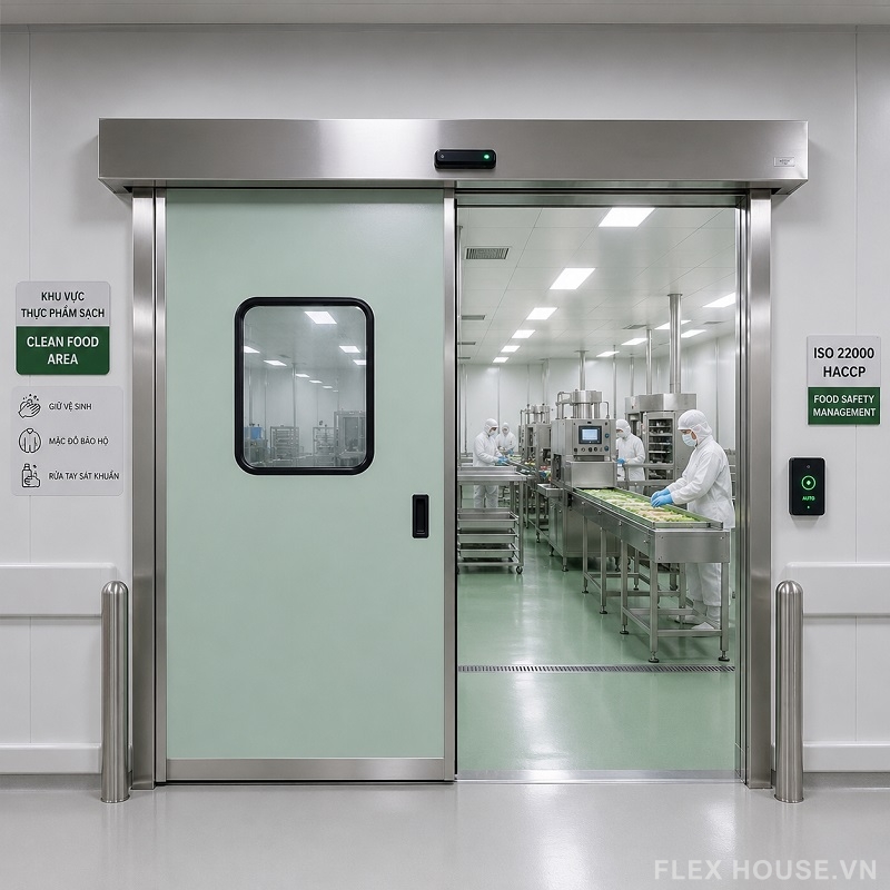 Các Loại Cửa Tự Động Phòng Sạch: Cấu Tạo, Ứng Dụng & Tiêu Chuẩn Trong GMP, ISO 14644 2 Cửa trượt tự đọng phòng sạch hiện đại ở khu chế biến thực phẩm