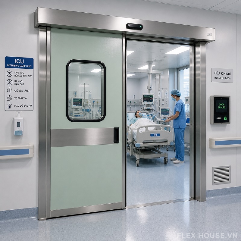 Các Loại Cửa Tự Động Phòng Sạch: Cấu Tạo, Ứng Dụng & Tiêu Chuẩn Trong GMP, ISO 14644 3 Cửa trượt tự động kín khí Hermetic ở phòng hồi sức ICU