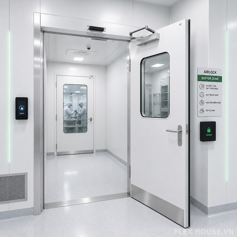 Các Loại Cửa Tự Động Phòng Sạch: Cấu Tạo, Ứng Dụng & Tiêu Chuẩn Trong GMP, ISO 14644 4 Cửa mở quay tự động phòng sạch tại phòng airlock