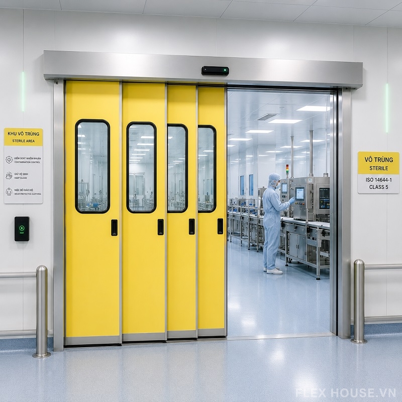 Các Loại Cửa Tự Động Phòng Sạch: Cấu Tạo, Ứng Dụng & Tiêu Chuẩn Trong GMP, ISO 14644 5 Cửa tự động telescopic phòng sạch ở khu vô trùng