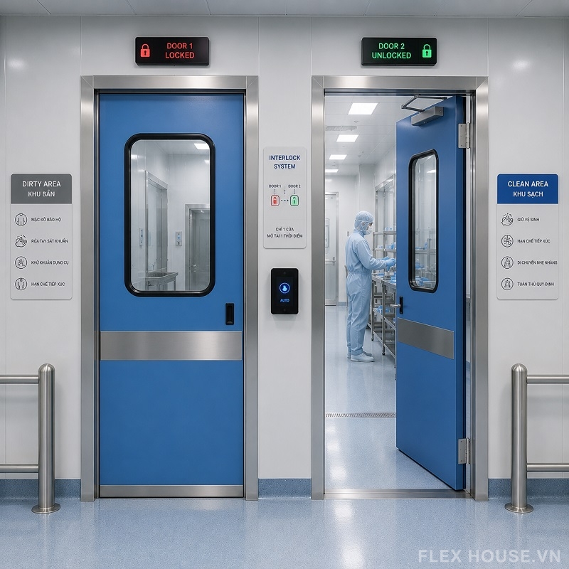 Các Loại Cửa Tự Động Phòng Sạch: Cấu Tạo, Ứng Dụng & Tiêu Chuẩn Trong GMP, ISO 14644 9 Cửa tự động interlock phòng sạch ở khu chuyển tiếp sạch – bẩn