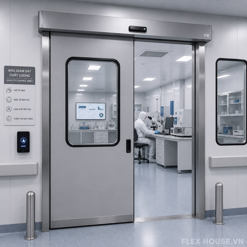 Các Loại Cửa Tự Động Phòng Sạch: Cấu Tạo, Ứng Dụng & Tiêu Chuẩn Trong GMP, ISO 14644 10 Cửa tự động phòng sạch tích hợp kính quan sát tại khu vực giám sát chất lượng