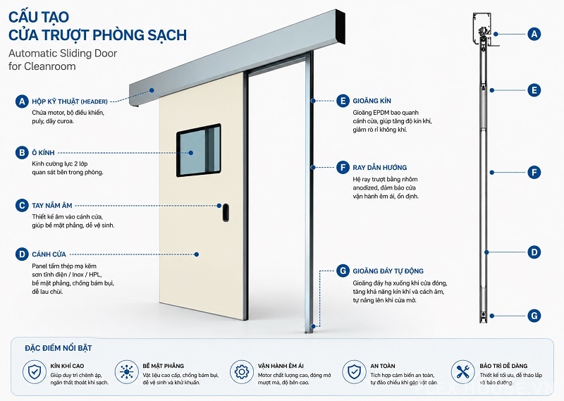 Cửa tự động phòng sạch là gì? Tìm hiểu cấu tạo & 5 tiêu chuẩn kỹ thuật quan trọng 8 Cấu tạo cửa trượt tự động phòng sạch