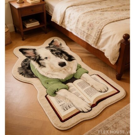Thảm lông ngắn hình chó Border Collie mặc áo len xanh SH0615