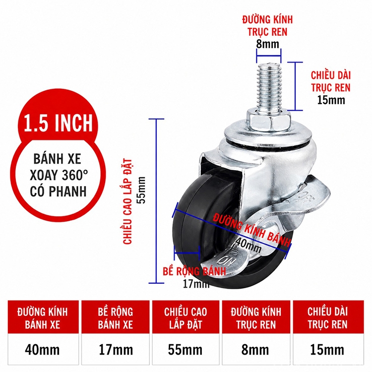 Bánh xe cao su phụ kiện nội thất 1.5 inch HMC615 8 Bánh xe cao su phụ kiện nội thất 1.5 inch HMC615 11