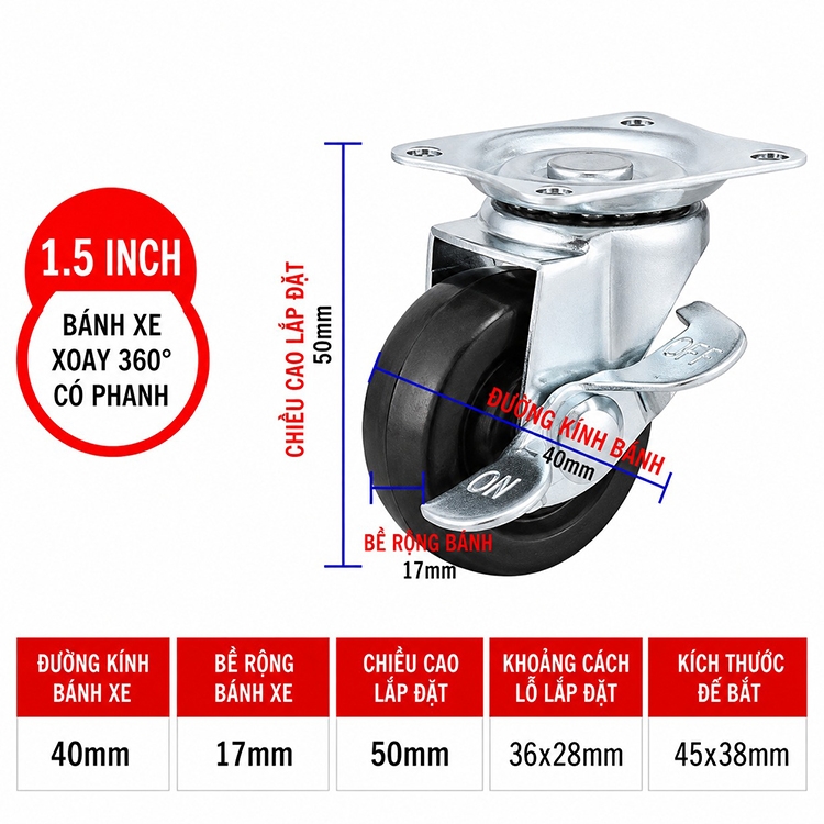 Bánh xe cao su phụ kiện nội thất 1.5 inch HMC615 12 Bánh xe cao su phụ kiện nội thất 1.5 inch HMC615 15