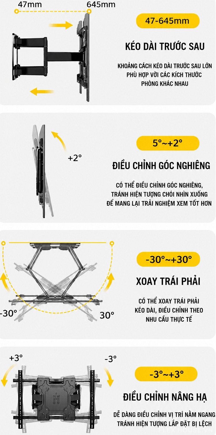 Giá treo tường TV màn hình lớn xoay gập đa góc KQ337 18 Giá treo tường TV màn hình lớn xoay gập đa góc KQ337 26