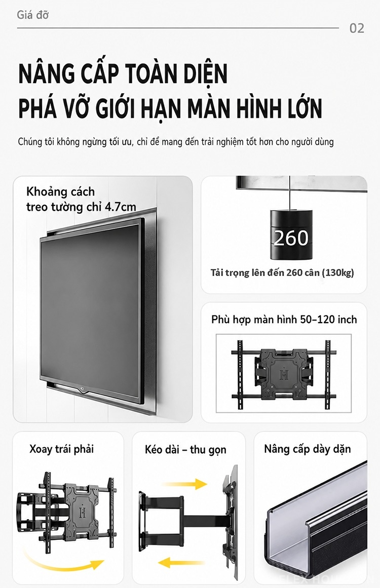 Giá treo tường TV màn hình lớn xoay gập đa góc KQ337 5 Giá treo tường TV màn hình lớn xoay gập đa góc KQ337 13