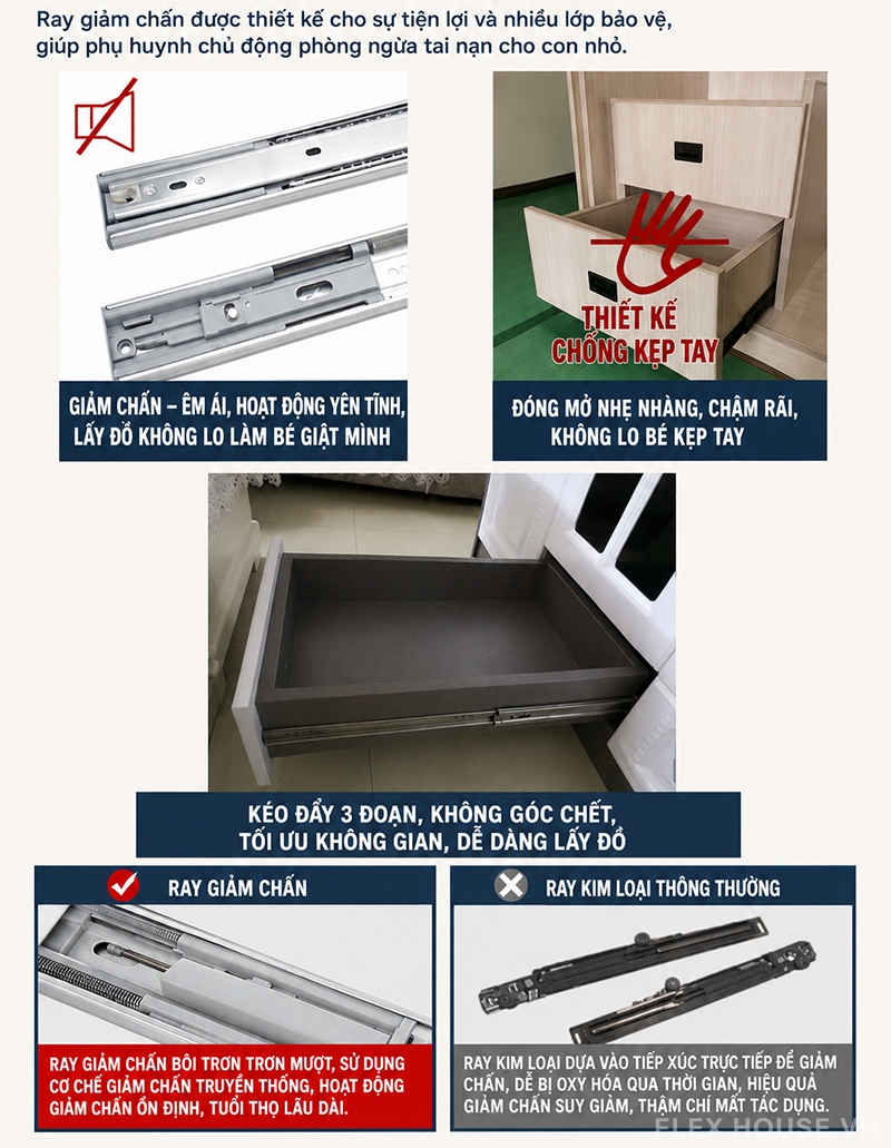 Ngăn kéo đóng mạnh gây tiếng ồn? Ray bi giảm chấn hộc tủ là giải pháp hiệu quả 20 Ngăn kéo đóng mạnh gây tiếng ồn? Ray bi giảm chấn hộc tủ là giải pháp hiệu quả 7