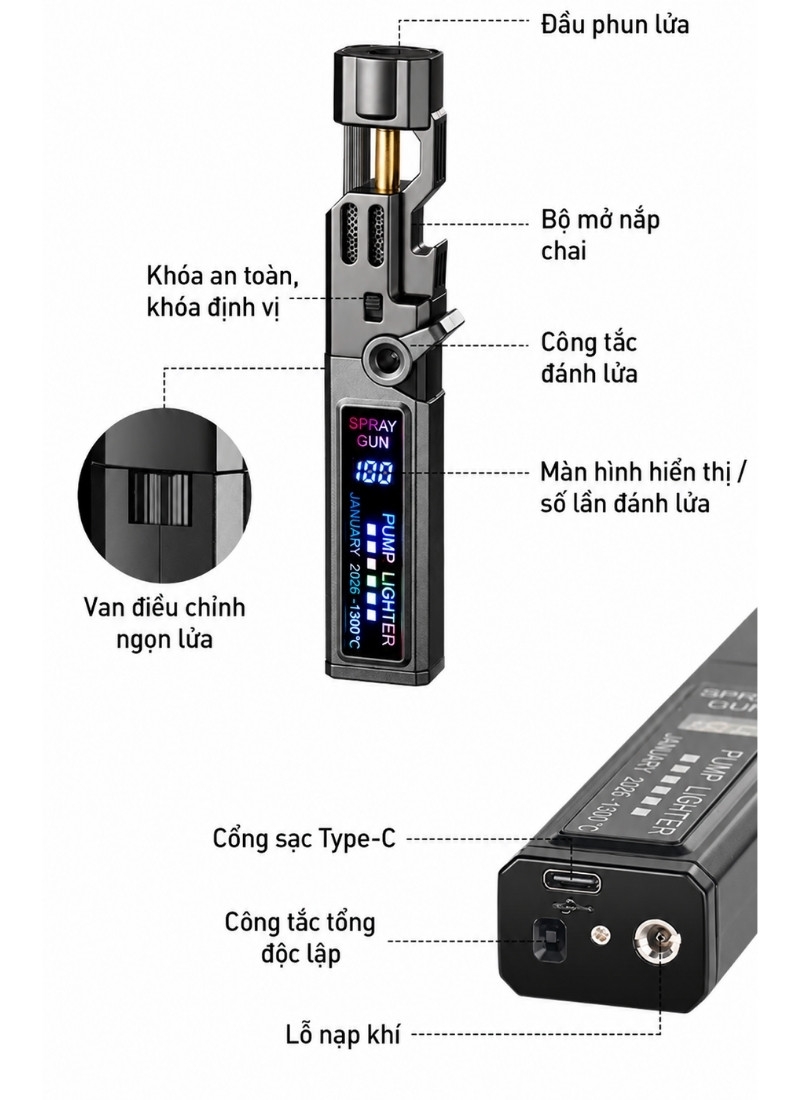 Bật lửa khò đa năng màn hình điện tử FS0570 11 Bật lửa khò đa năng màn hình điện tử FS0570 21